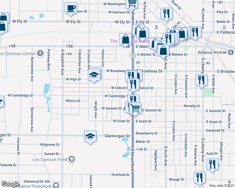 map of restaurants, bars, coffee shops, grocery stores, and more near 115 West Cambridge Street in Alliance