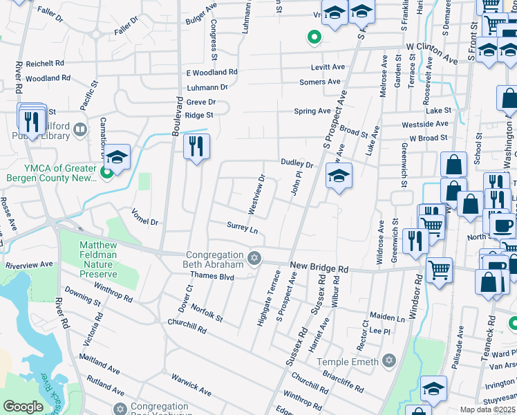 map of restaurants, bars, coffee shops, grocery stores, and more near 60 Westview Drive in Bergenfield