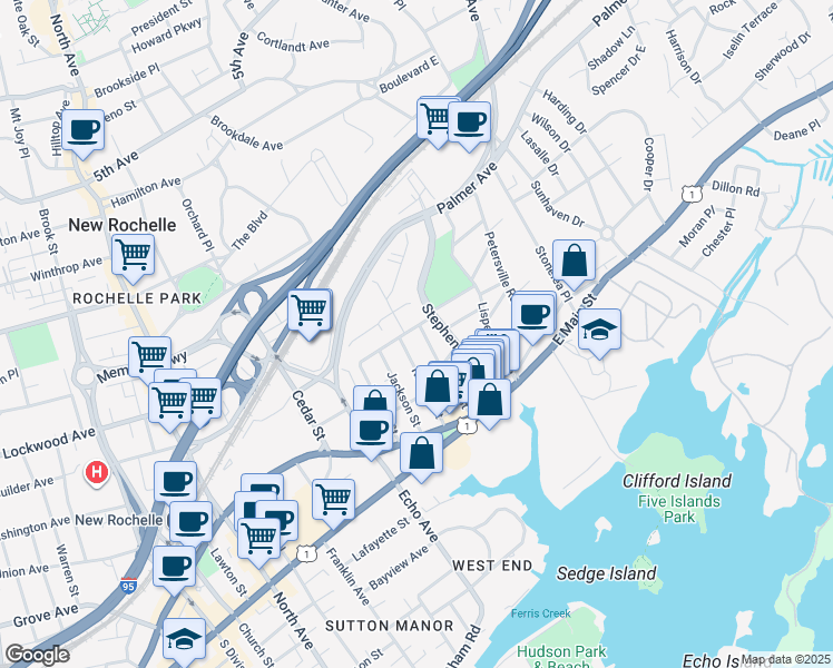 map of restaurants, bars, coffee shops, grocery stores, and more near 79 Pratt Street in New Rochelle