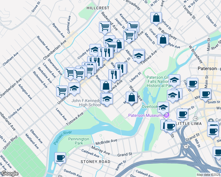 map of restaurants, bars, coffee shops, grocery stores, and more near 307 Totowa Avenue in Paterson