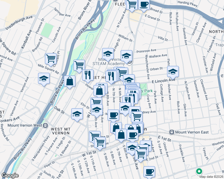 map of restaurants, bars, coffee shops, grocery stores, and more near 230 North 7th Avenue in Mount Vernon