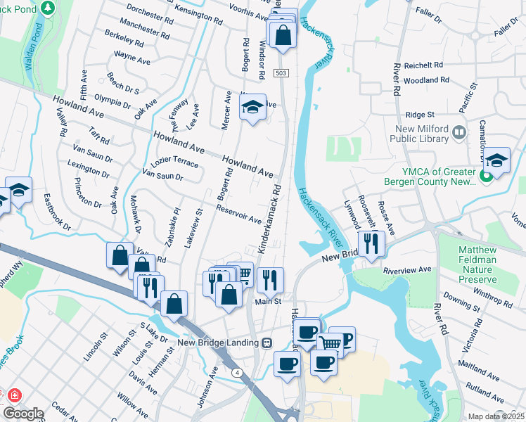 map of restaurants, bars, coffee shops, grocery stores, and more near 257 Kinderkamack Road in River Edge