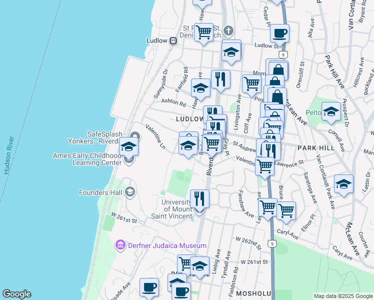 map of restaurants, bars, coffee shops, grocery stores, and more near 123 Valentine Lane in Yonkers