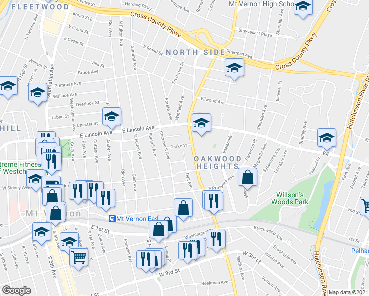 map of restaurants, bars, coffee shops, grocery stores, and more near 141 Dell Avenue in Mount Vernon