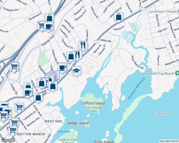 map of restaurants, bars, coffee shops, grocery stores, and more near 75 Seaview Avenue in New Rochelle