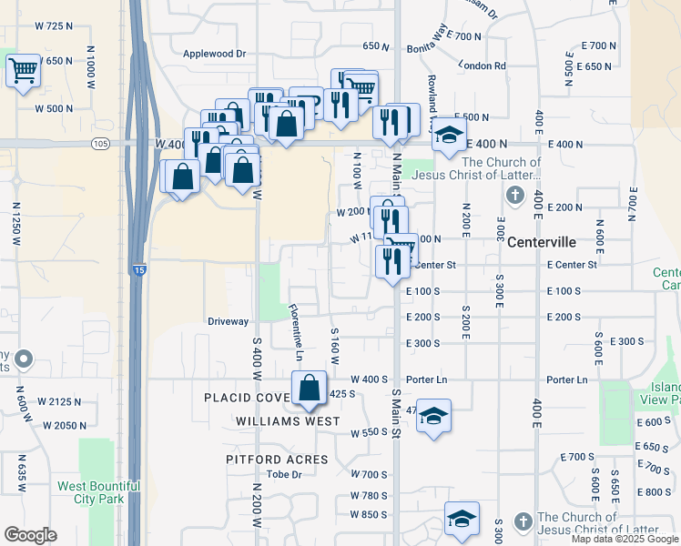 map of restaurants, bars, coffee shops, grocery stores, and more near 210 West 115 North in Centerville
