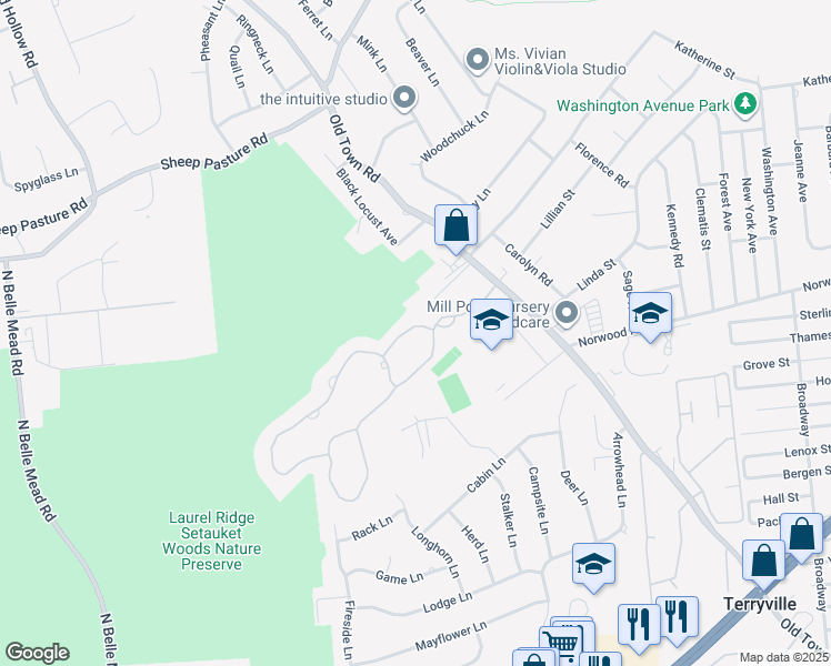 map of restaurants, bars, coffee shops, grocery stores, and more near 78 Thomas Lane in Setauket- East Setauket