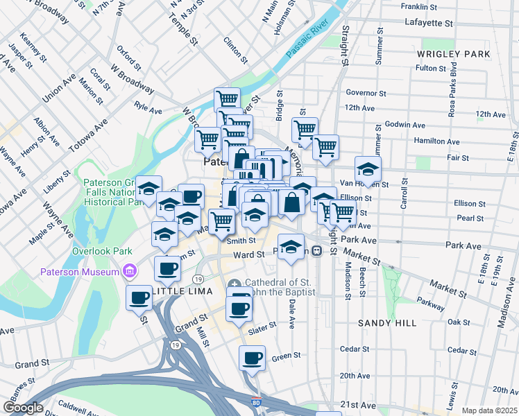 map of restaurants, bars, coffee shops, grocery stores, and more near 44 Church Street in Paterson