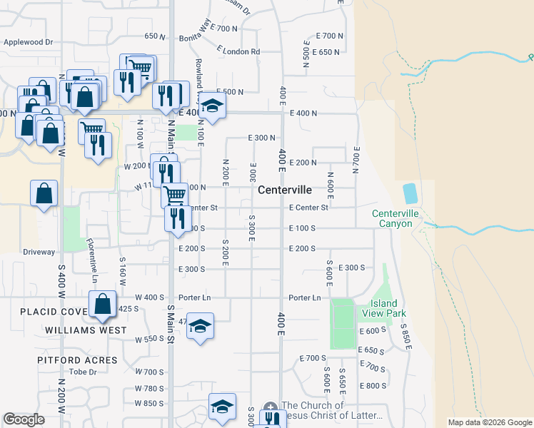 map of restaurants, bars, coffee shops, grocery stores, and more near 388 East Center Street in Centerville