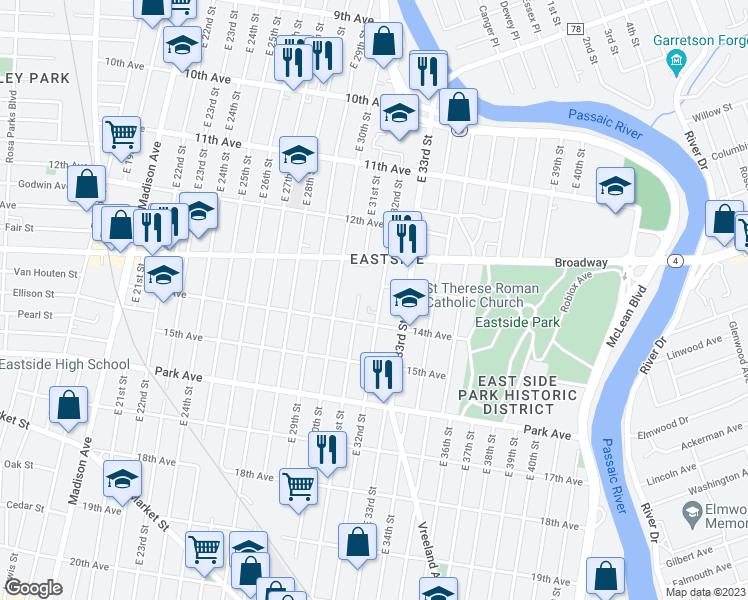 map of restaurants, bars, coffee shops, grocery stores, and more near 232 East 32nd Street in Paterson