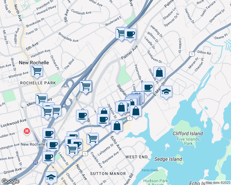 map of restaurants, bars, coffee shops, grocery stores, and more near 79 Pratt Street in New Rochelle