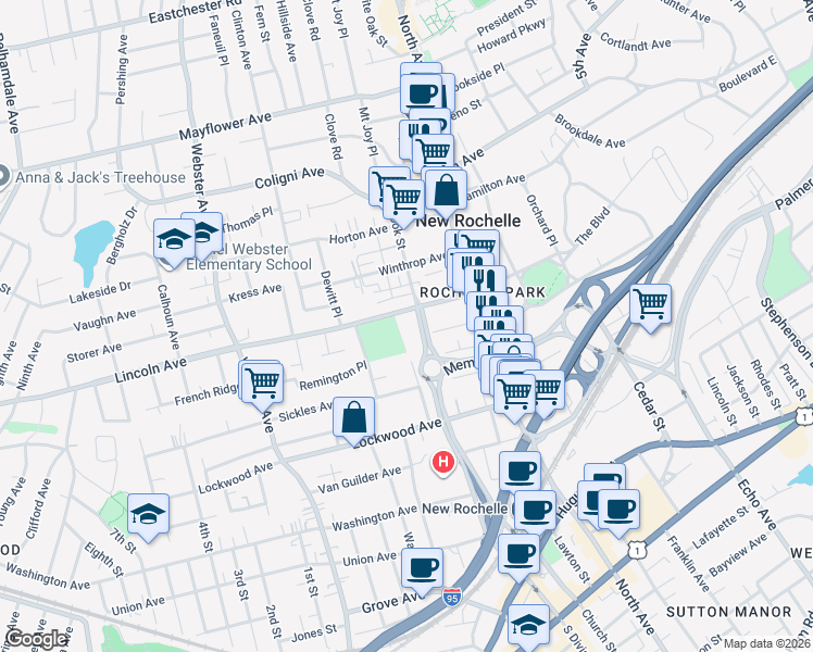 map of restaurants, bars, coffee shops, grocery stores, and more near 45 Morris Street in New Rochelle