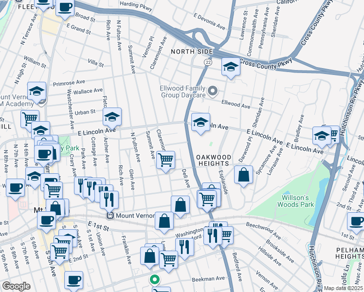 map of restaurants, bars, coffee shops, grocery stores, and more near 141 Dell Avenue in Mount Vernon