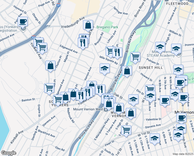 map of restaurants, bars, coffee shops, grocery stores, and more near 54 Villa Avenue in Yonkers