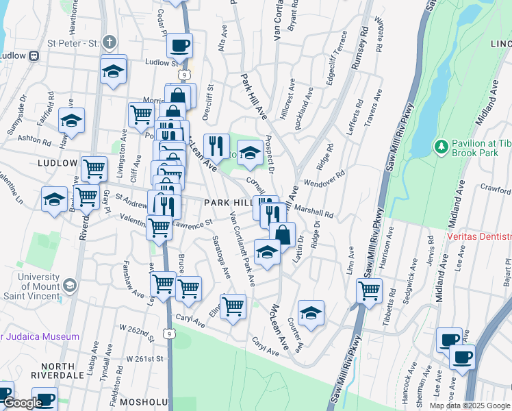 map of restaurants, bars, coffee shops, grocery stores, and more near 117 McLean Avenue in Yonkers