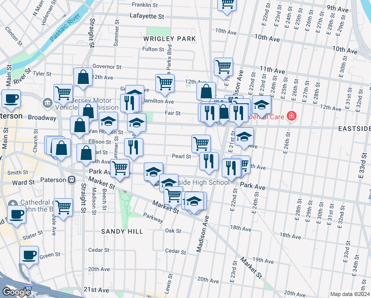 map of restaurants, bars, coffee shops, grocery stores, and more near 464 Ellison Street in Paterson