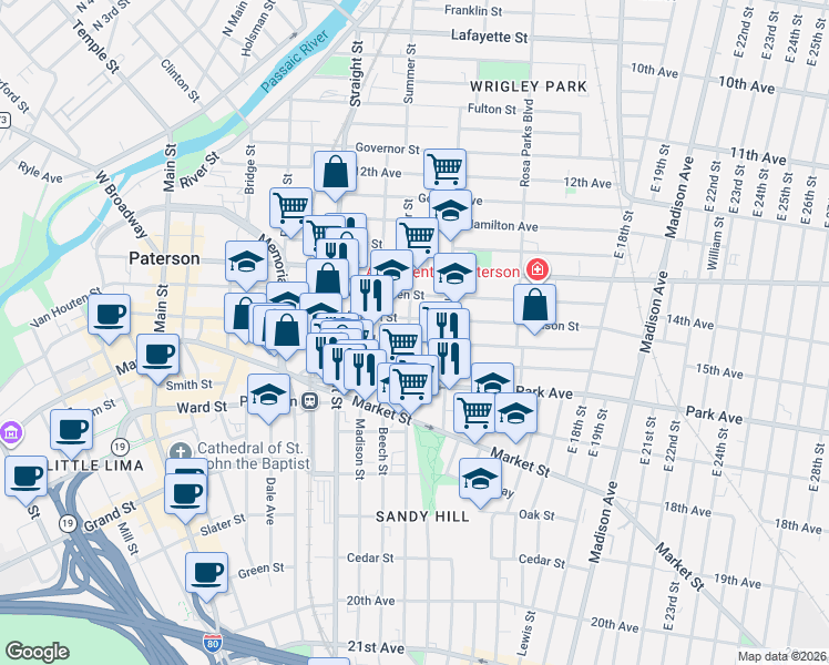 map of restaurants, bars, coffee shops, grocery stores, and more near in Paterson