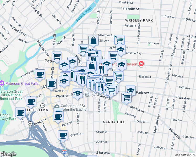 map of restaurants, bars, coffee shops, grocery stores, and more near 203-211 Straight Street in Paterson