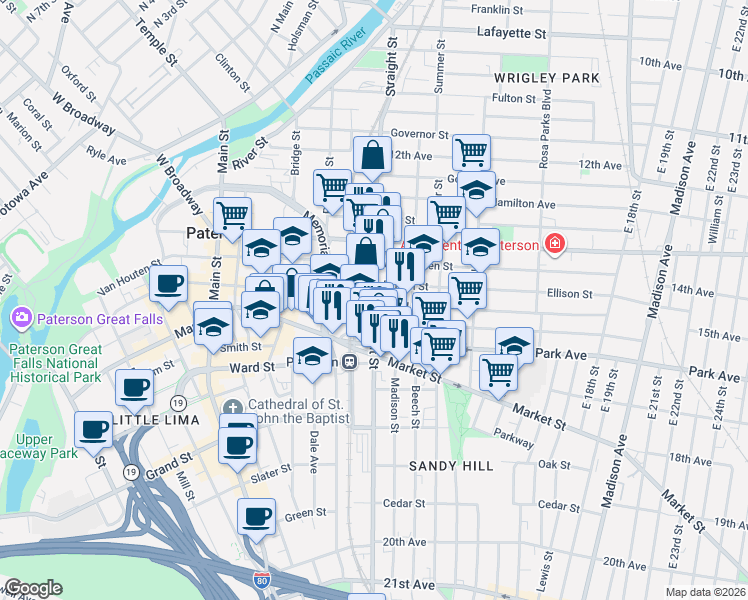 map of restaurants, bars, coffee shops, grocery stores, and more near 203-211 Straight Street in Paterson