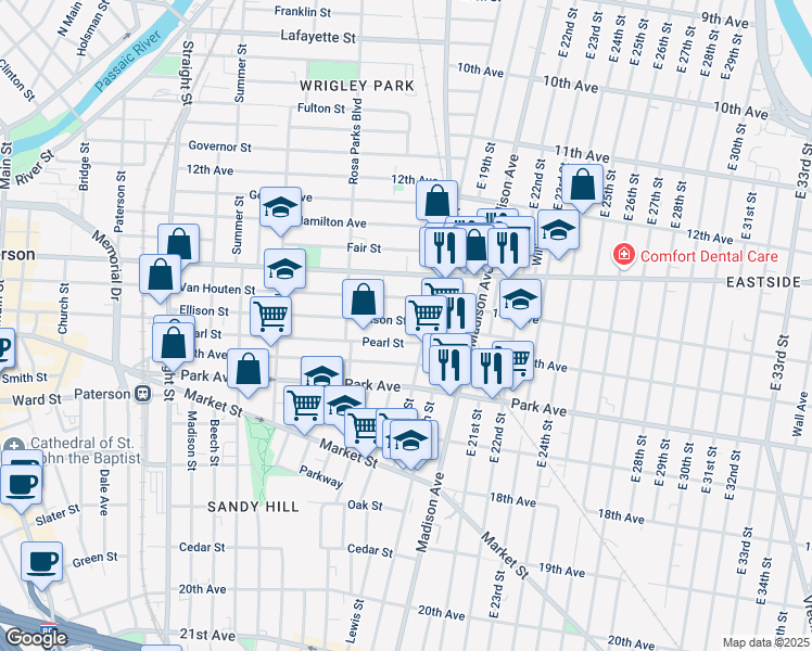 map of restaurants, bars, coffee shops, grocery stores, and more near 464 Ellison Street in Paterson