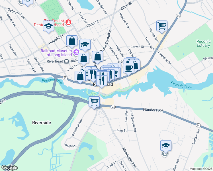 map of restaurants, bars, coffee shops, grocery stores, and more near in Riverhead