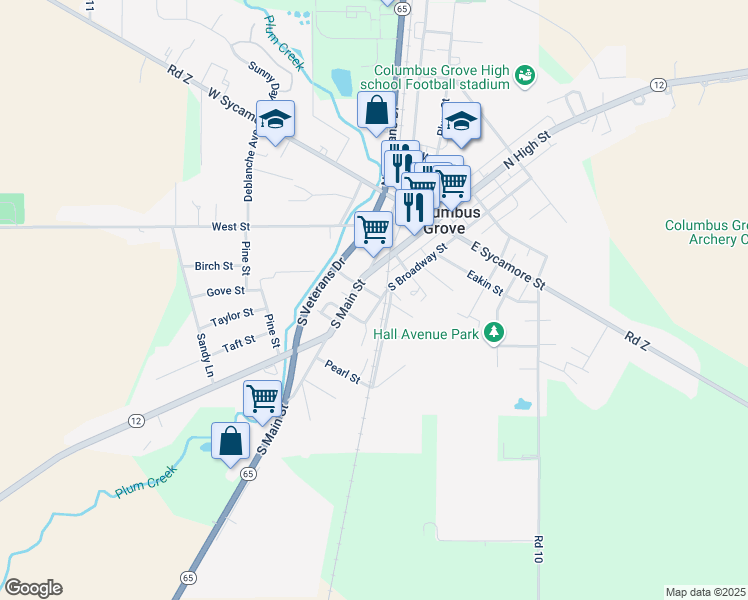 map of restaurants, bars, coffee shops, grocery stores, and more near 501 South Broadway Street in Columbus Grove