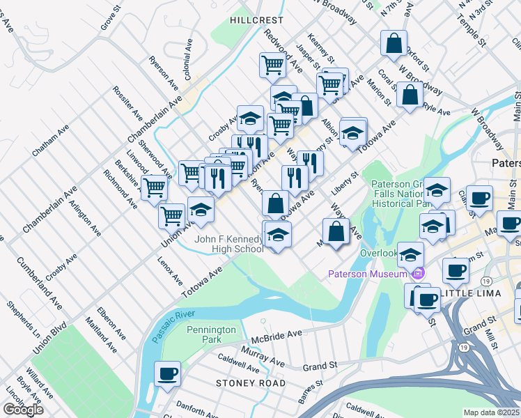 map of restaurants, bars, coffee shops, grocery stores, and more near 168 Preakness Avenue in Paterson