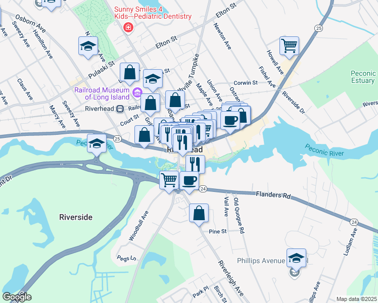 map of restaurants, bars, coffee shops, grocery stores, and more near in Riverhead