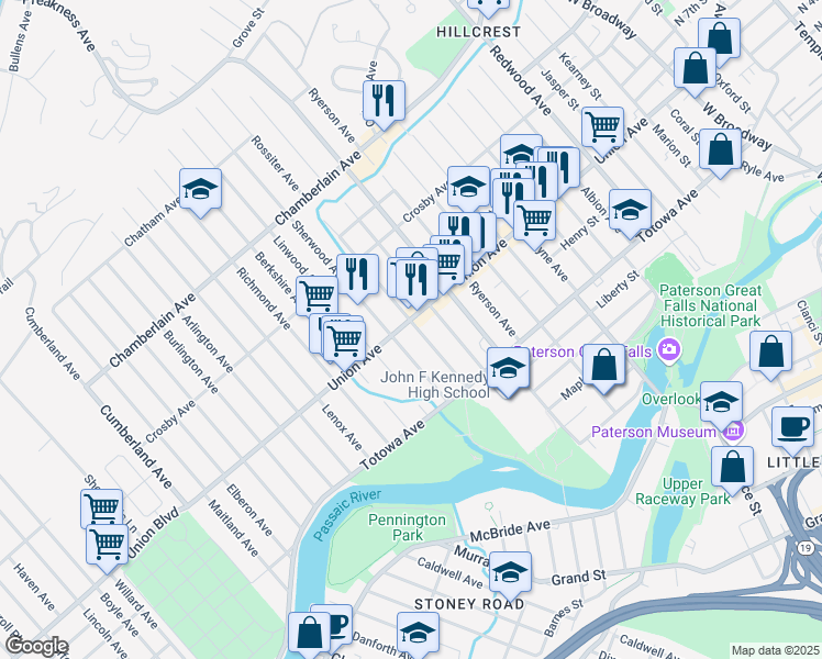 map of restaurants, bars, coffee shops, grocery stores, and more near 63 Rossiter Avenue in Paterson
