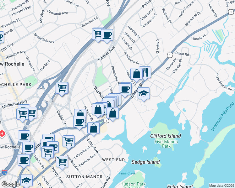 map of restaurants, bars, coffee shops, grocery stores, and more near 14 Madison Street in New Rochelle
