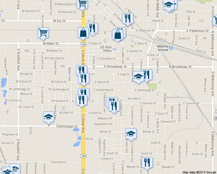 map of restaurants, bars, coffee shops, grocery stores, and more near 224 East Cambridge Street in Alliance