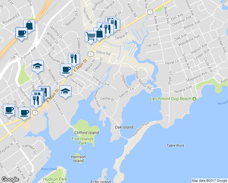map of restaurants, bars, coffee shops, grocery stores, and more near 131 Emerson Avenue in New Rochelle