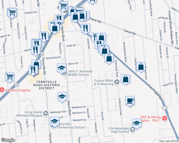 map of restaurants, bars, coffee shops, grocery stores, and more near 82 Joline Road in Port Jefferson Station