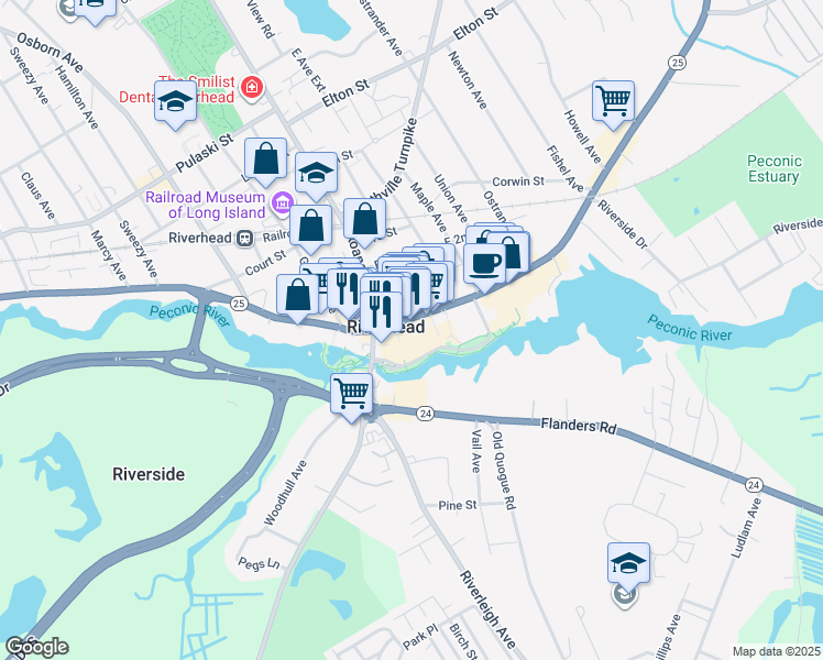 map of restaurants, bars, coffee shops, grocery stores, and more near in Riverhead
