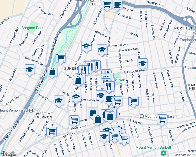 map of restaurants, bars, coffee shops, grocery stores, and more near 223 North 6th Avenue in Mount Vernon