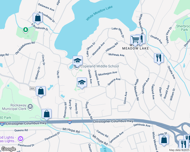 map of restaurants, bars, coffee shops, grocery stores, and more near 16 Iroquois Avenue in Rockaway