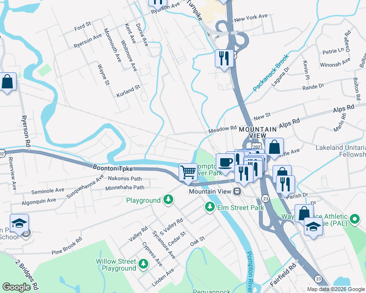 map of restaurants, bars, coffee shops, grocery stores, and more near 22 Brookside Road in Wayne