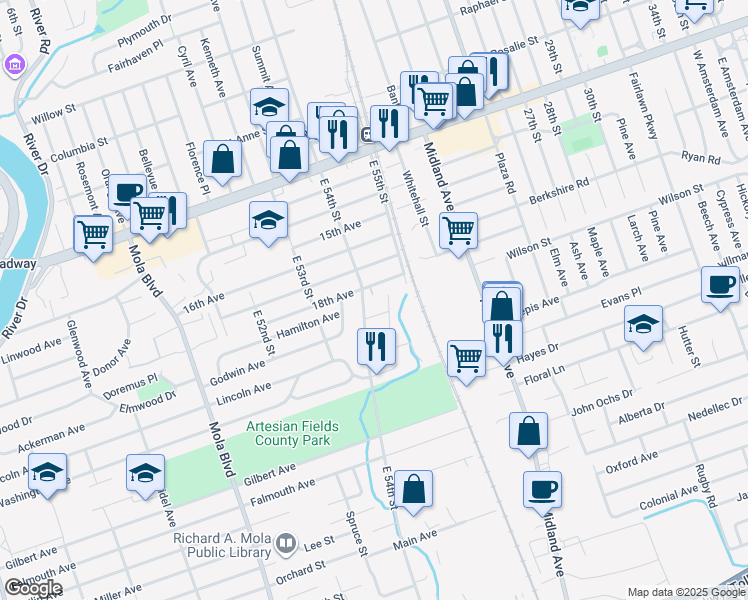 map of restaurants, bars, coffee shops, grocery stores, and more near 109 East 54th Street in Elmwood Park