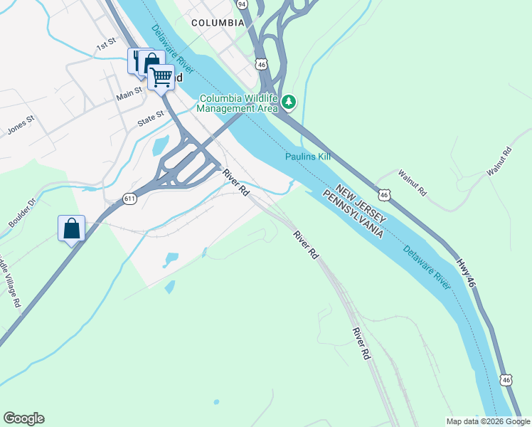 map of restaurants, bars, coffee shops, grocery stores, and more near 5380 River Road in Mount Bethel