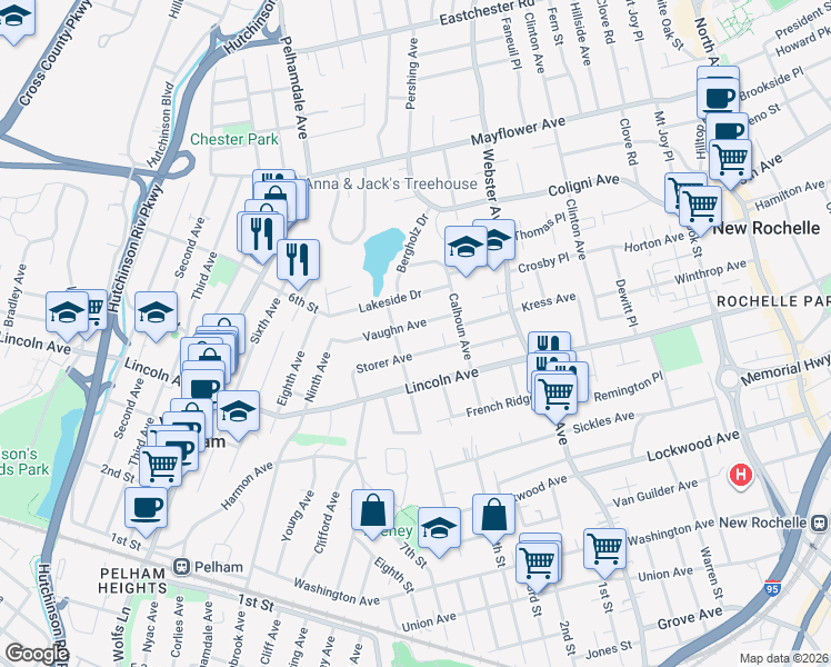 map of restaurants, bars, coffee shops, grocery stores, and more near 42 Vaughn Avenue in New Rochelle