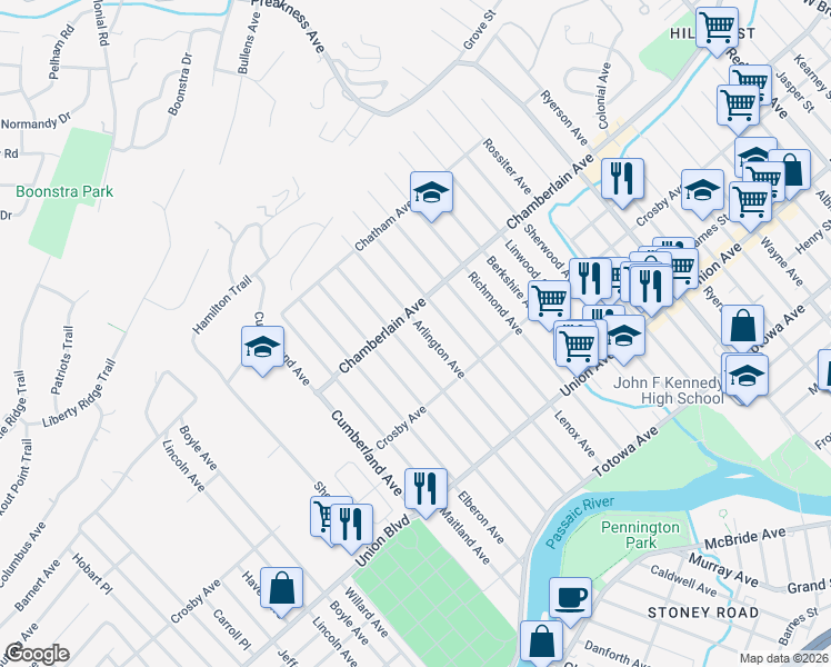 map of restaurants, bars, coffee shops, grocery stores, and more near 189 Arlington Avenue in Paterson