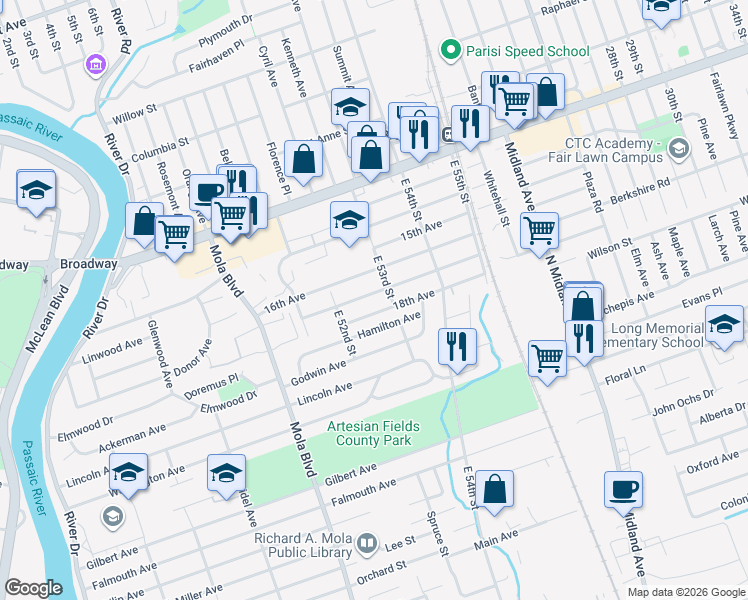 map of restaurants, bars, coffee shops, grocery stores, and more near 80 17th Avenue in Elmwood Park