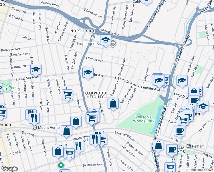 map of restaurants, bars, coffee shops, grocery stores, and more near 38 Mersereau Avenue in Mount Vernon