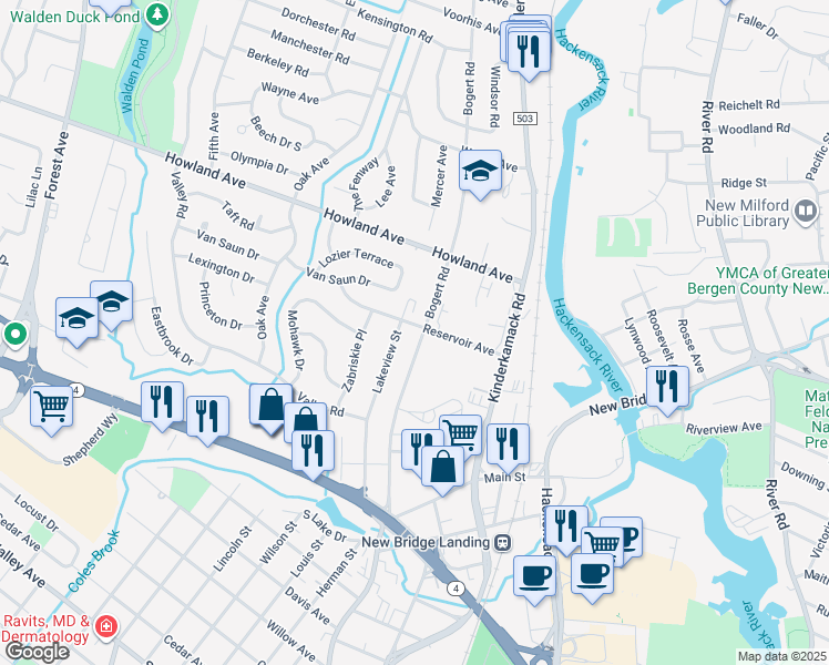 map of restaurants, bars, coffee shops, grocery stores, and more near 207 Bogert Road in River Edge