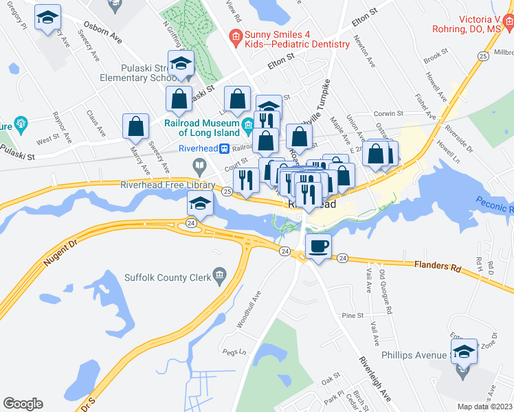 map of restaurants, bars, coffee shops, grocery stores, and more near 167 West Main Street in Riverhead