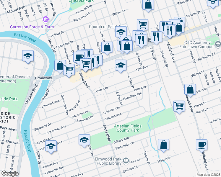 map of restaurants, bars, coffee shops, grocery stores, and more near 18 16th Ave in Elmwood Park