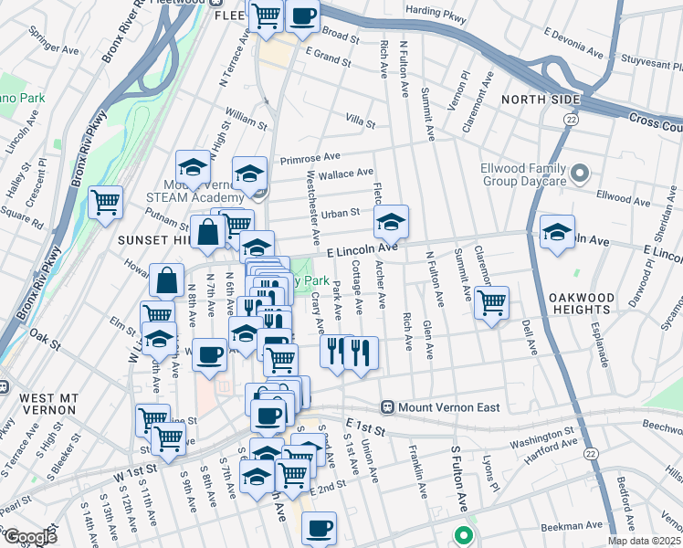 map of restaurants, bars, coffee shops, grocery stores, and more near 170 Park Avenue in Mount Vernon