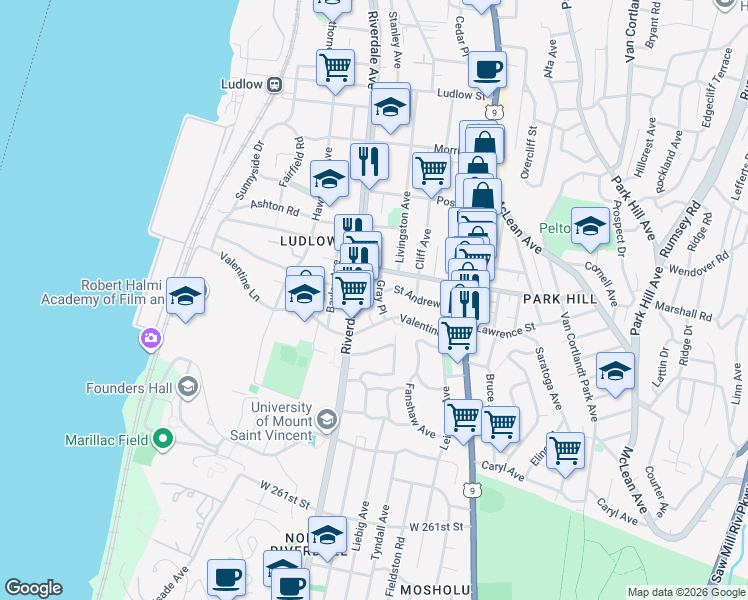 map of restaurants, bars, coffee shops, grocery stores, and more near 205 Valentine Lane in Yonkers