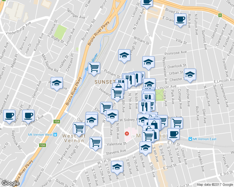 map of restaurants, bars, coffee shops, grocery stores, and more near 100 West Lincoln Avenue in Mount Vernon
