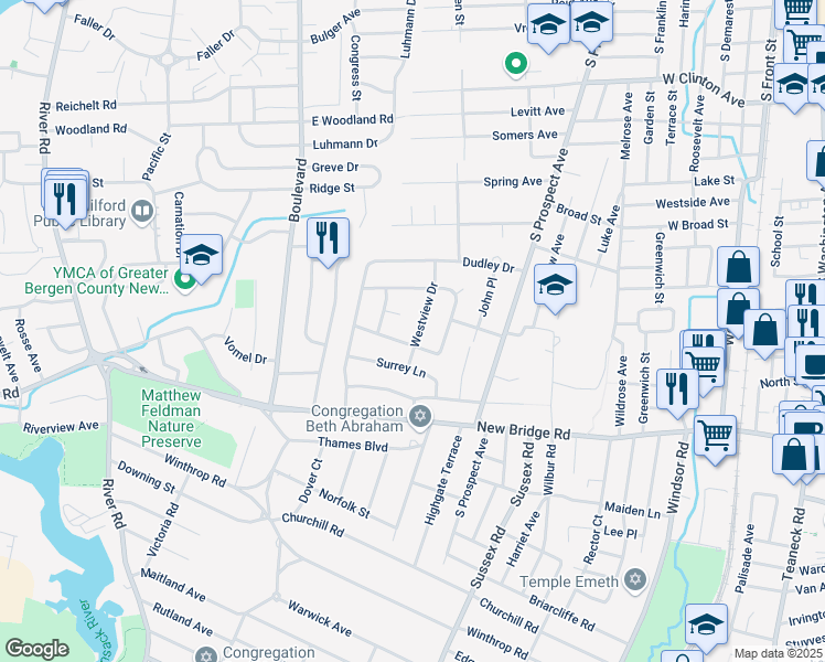 map of restaurants, bars, coffee shops, grocery stores, and more near 60 Westview Dr in Bergenfield